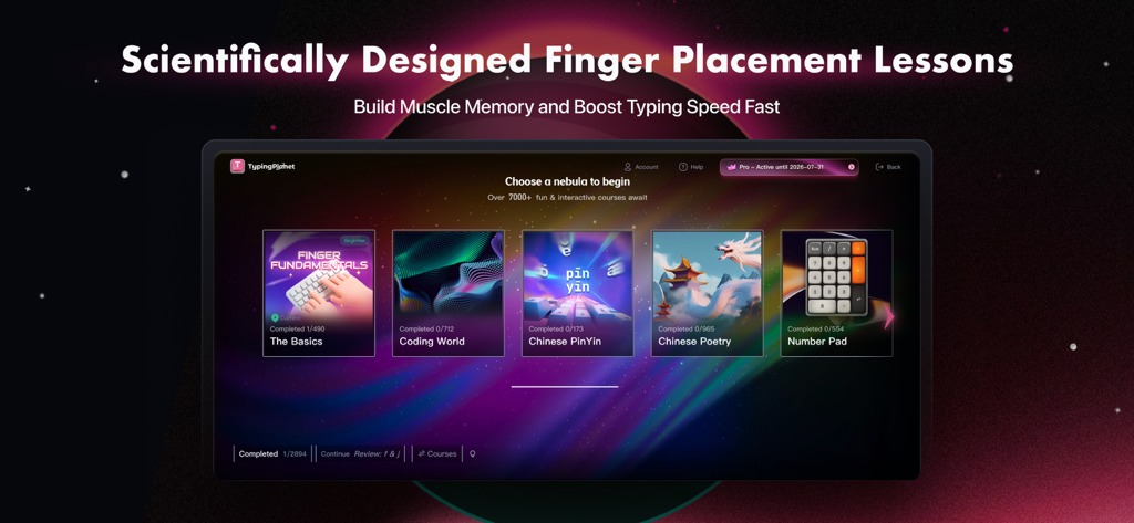 TypingPlanet-Easy Touch Typing - TypingPlanet app dashboard featuring finger placement lessons and coding courses