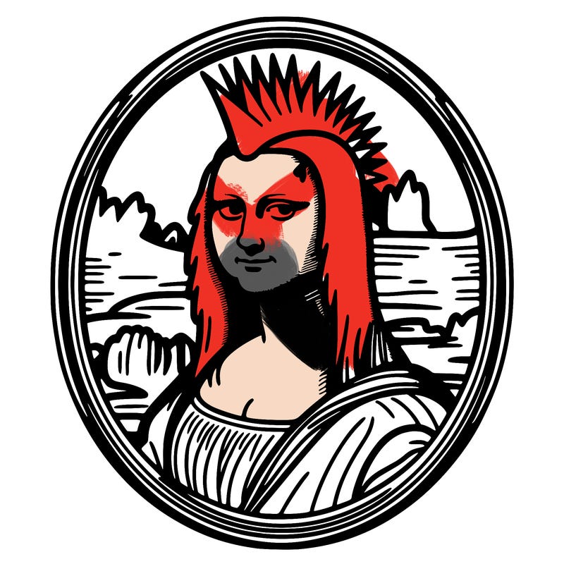 leonardo da vinci's "mona lisa" with punk hairstyle, realistic, thin borders