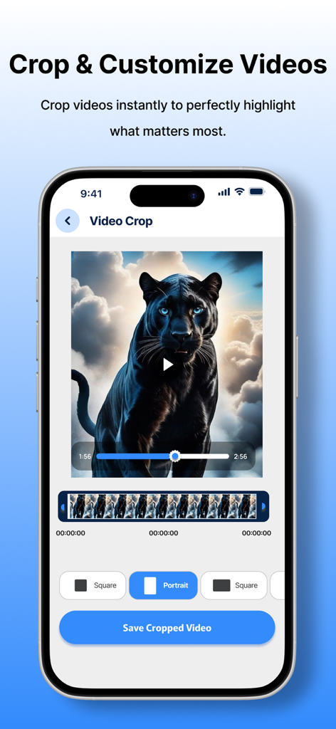 fdown.net - A smartphone display showing the fdown.net app video cropping tool with portrait and square aspect ratio options