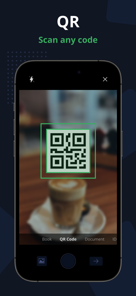 PDF Scanner App - Scan PDF Doc - iPhone screen showing the QR code scanning feature of the PDF Scanner App with a green viewfinder