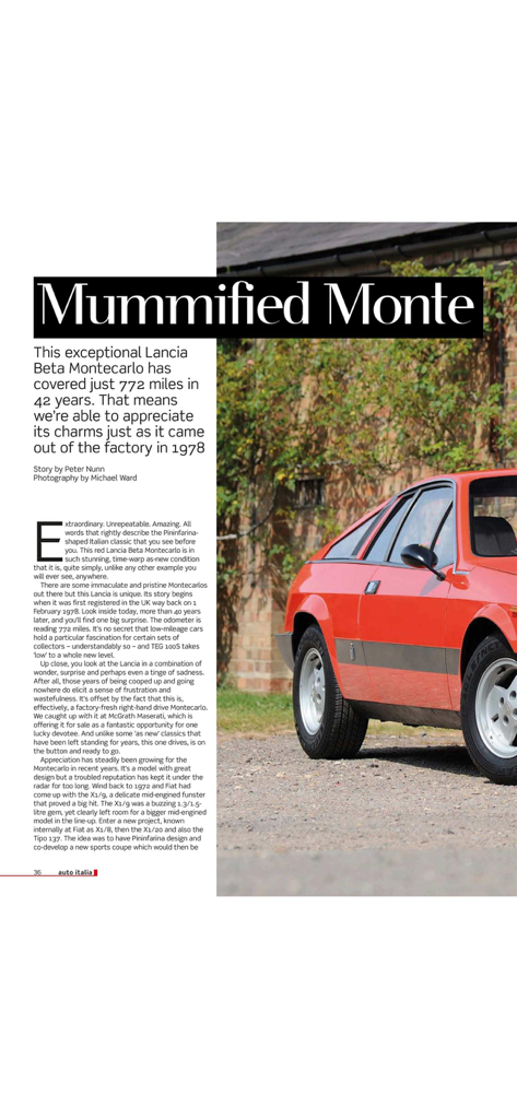 Auto Italia - A feature article on a red Lancia Beta Montecarlo in Auto Italia magazine