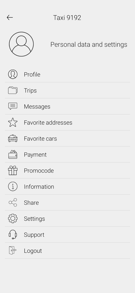 Taxi 9192 app personal data and settings menu list