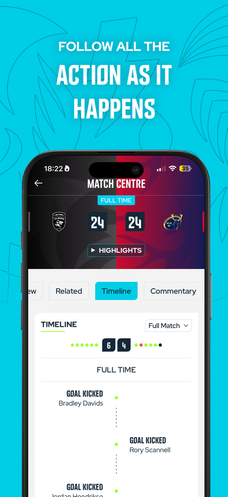 United Rugby Championship app match centre screen showing a live score and event timeline