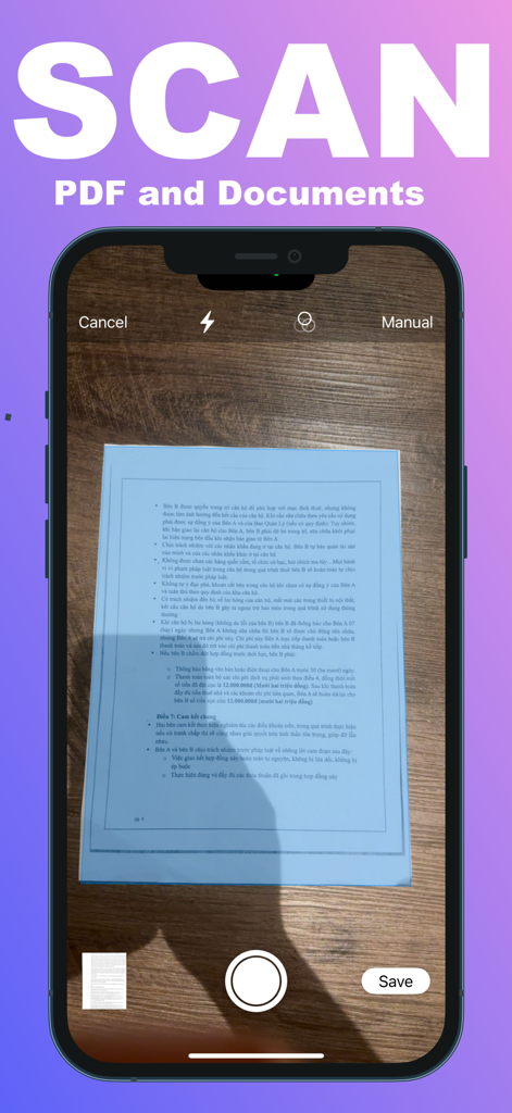 PDF Editor - Edit, Sign, Read - PDFエディターアプリのドキュメントスキャン機能を示すiPhoneインターフェイス。