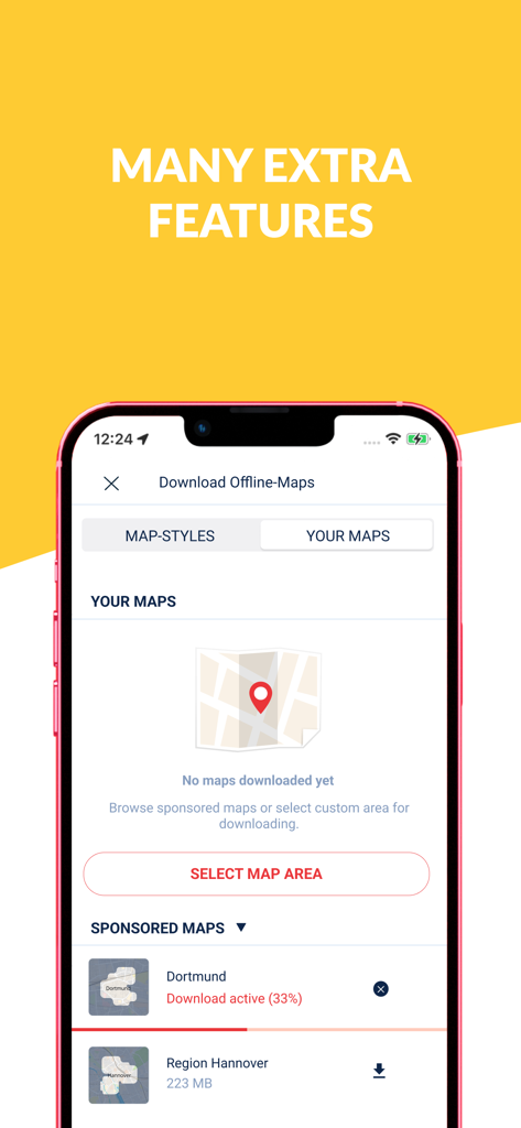 Bike Citizens Cycling App GPS - A smartphone displaying the Bike Citizens app screen for downloading offline cycling maps for cities like Dortmund and Hannover.