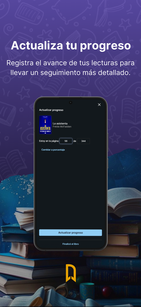 DeLibrista - Mobile app screen for DeLibrista showing a feature to update reading progress with a page counter and book cover.