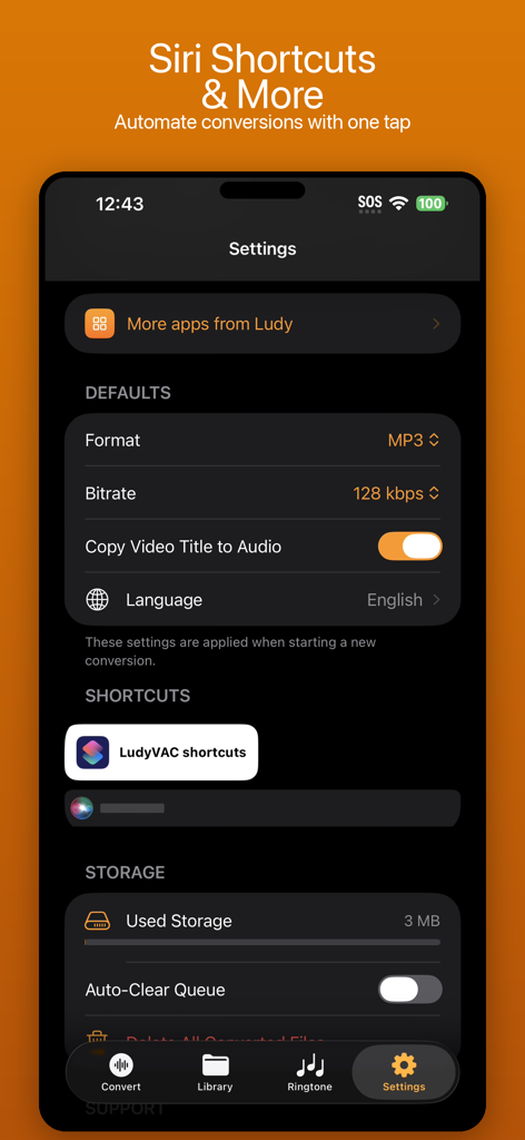 LudyVAC - Video to Audio - Écran des paramètres de LudyVAC présentant les raccourcis Siri et les options de conversion par défaut