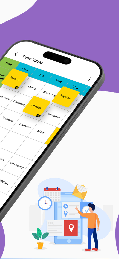 Uma grade de horário de aulas escolares codificada por cores exibida na tela de um smartphone.