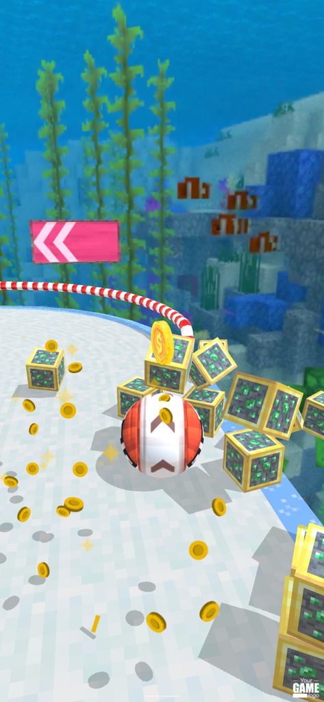 Fly Ball: Sky Parkour - Red and white rolling ball collecting gold coins in an underwater craft inspired level