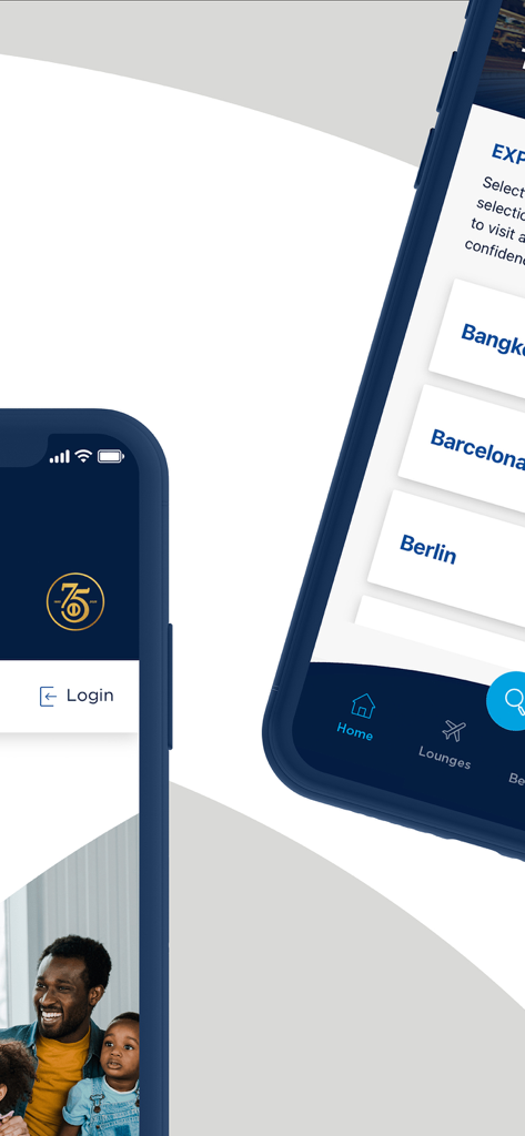 Interface of Diners Club International app showing city guides and login screen