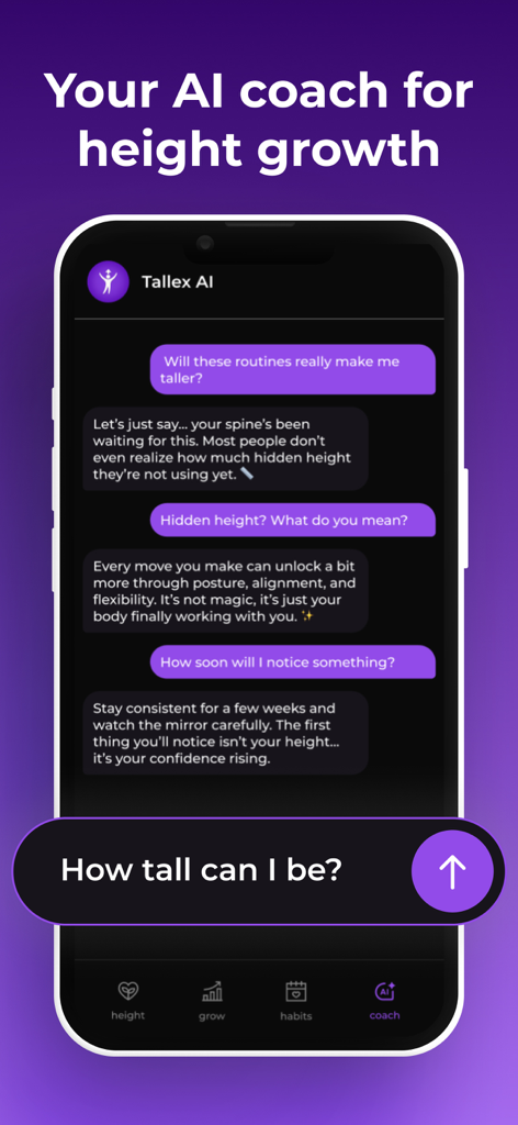 Tallex: AI Taller Workout App - A chat interface with an AI coach from the Tallex app explaining how to increase height through posture and alignment.