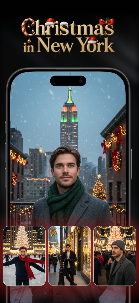AI Photo Video Generator: AURA -  Portraits réalistes générés par IA d'un homme pendant Noël à New York