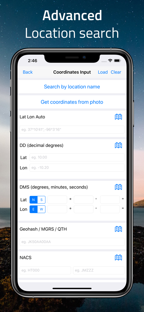 Erweiterte Standort-Suchansicht für die manuelle Eingabe von Koordinaten in verschiedenen Formaten wie GPS DMS und MGRS.