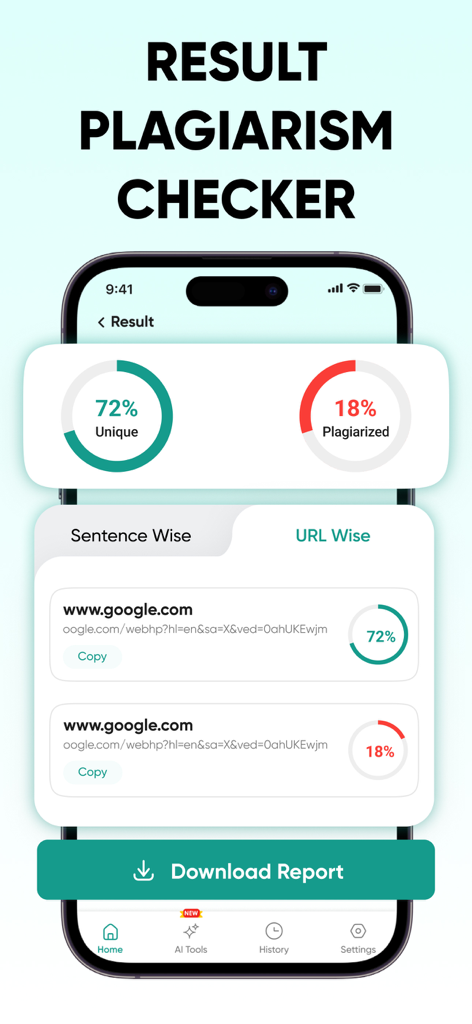 Plagiarism Checker | Detect AI - Plagiarism analysis report showing unique and plagiarized content percentages on a mobile screen