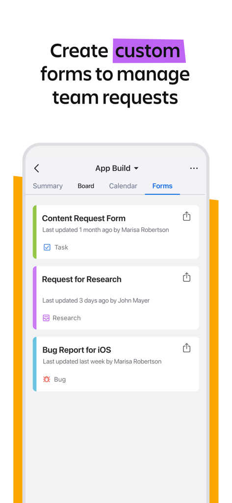 Jira Cloud by Atlassian - Ein mobiler Bildschirm von Jira Cloud mit benutzerdefinierten Formularen zur Verwaltung von Teamanfragen wie Fehlerberichten und Recherchen