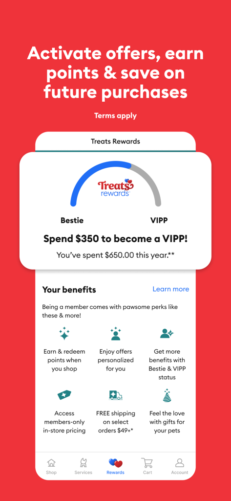 PetSmart - PetSmart mobile app screen showing Treats Rewards loyalty program status and member benefits