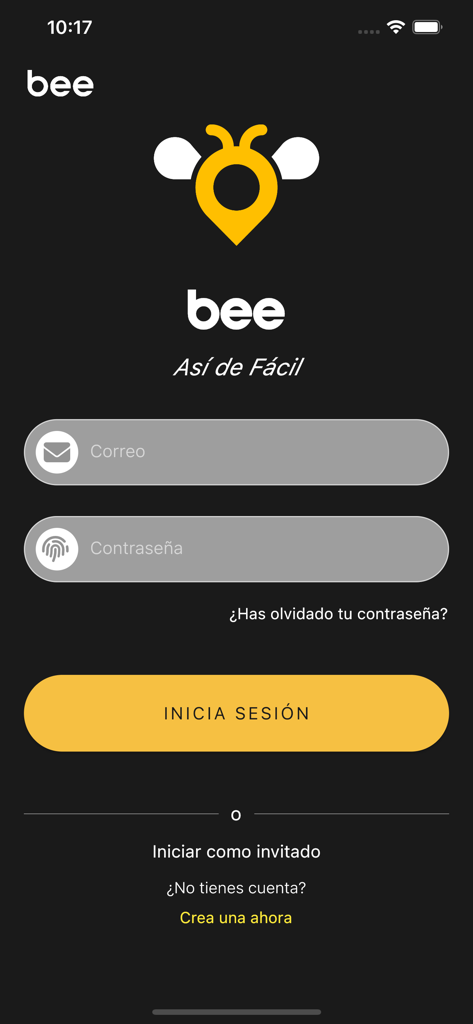 Bee App Ecuador - Login screen of Bee App Ecuador showing email and password input fields and a yellow bee logo