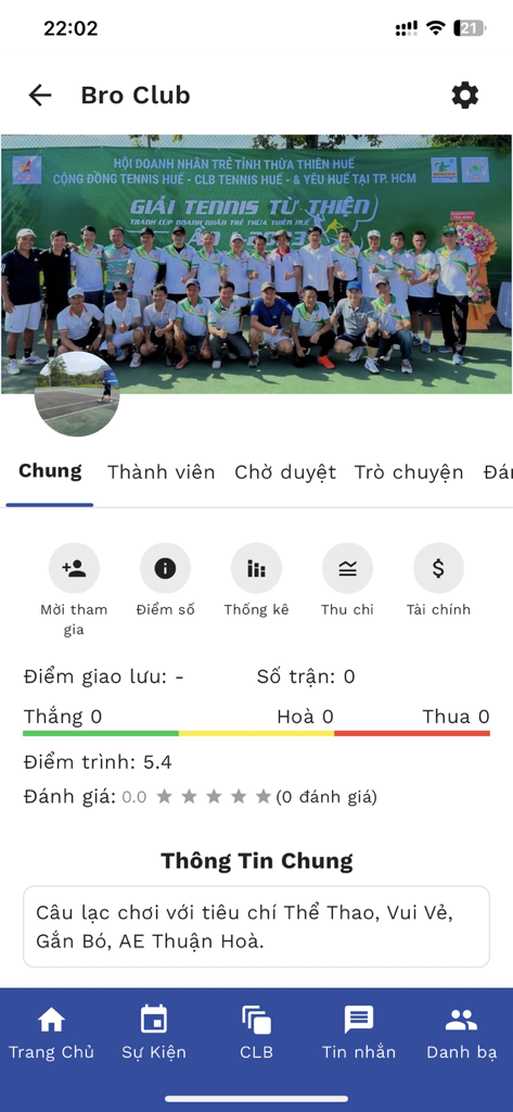 Sport Connect - Página de perfil do clube do aplicativo Sport Connect com estatísticas de partidas e foto da equipe