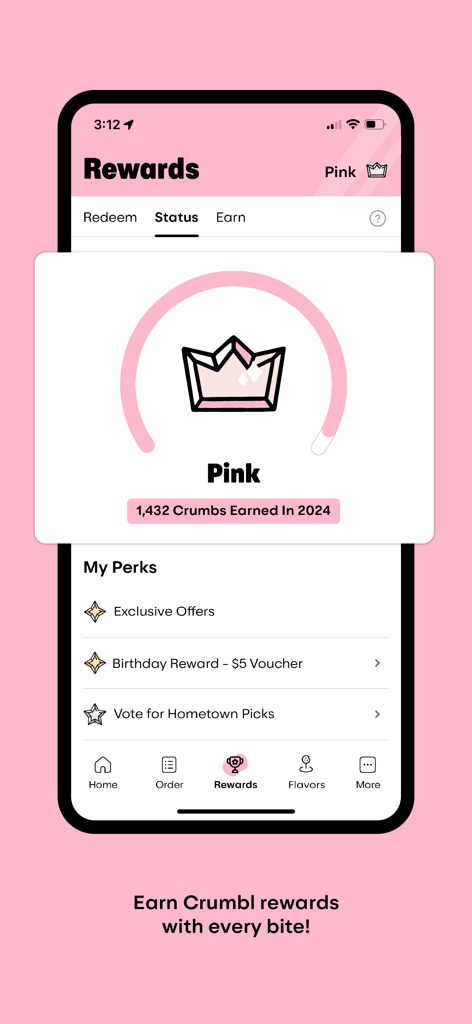 Crumbl app rewards screen showing pink status tier and loyalty perks