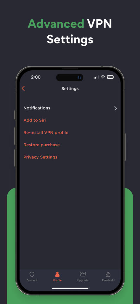 Advanced VPN settings interface in the Touch VPN mobile application