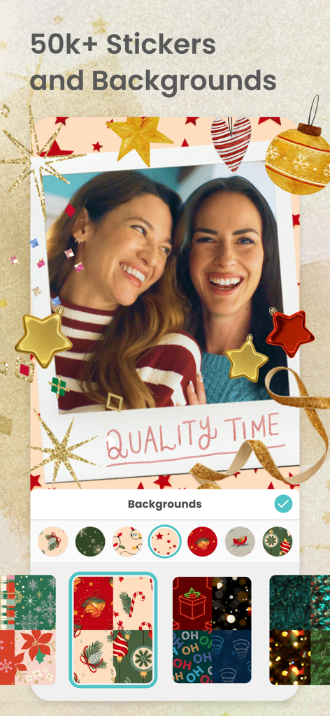 Two women in a photo collage with Christmas stickers and a holiday background selection menu.