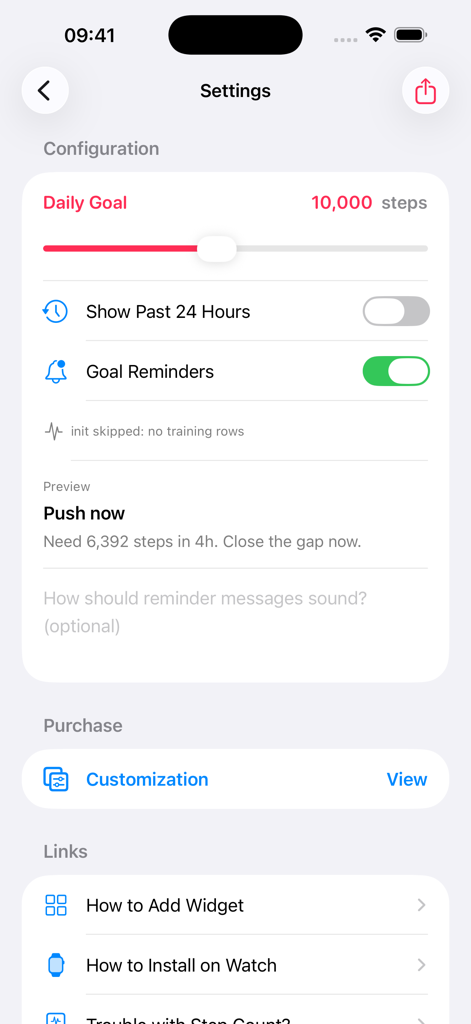 Steps Widget - Walking Tracker - Pantalla de configuración de la aplicación Steps Widget que muestra la configuración del objetivo diario y recordatorios de notificación.