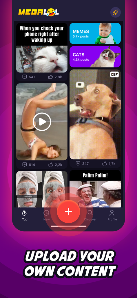 MegaLOL: Funny Videos & Memes - Pantalla de la aplicación MegaLOL mostrando un feed de vídeos y memes divertidos con un botón de carga.