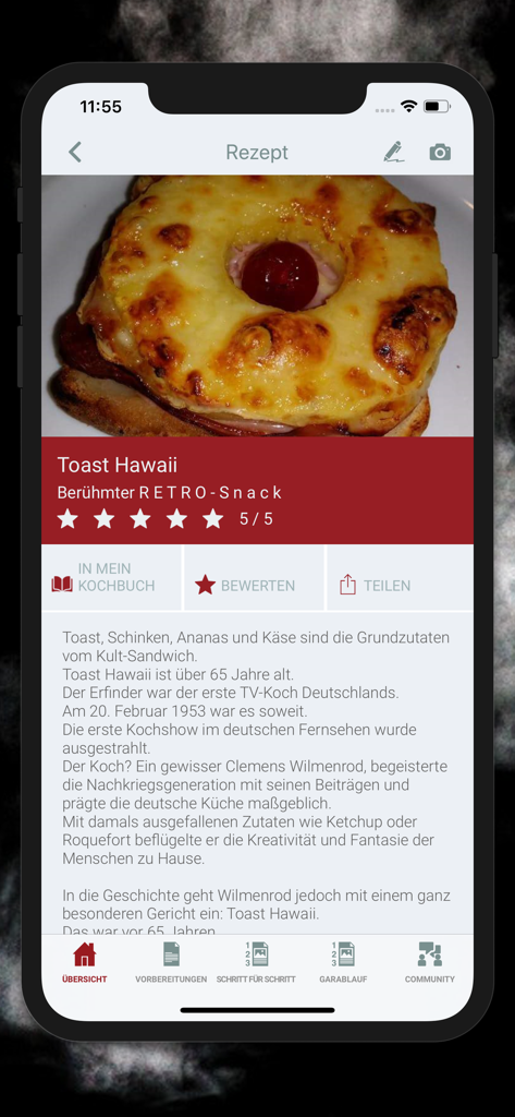Dampfguide mobile app displaying a Toast Hawaii recipe with a photo and description