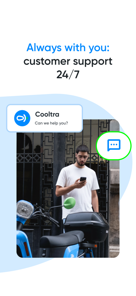 Cooltra app screen highlighting 24/7 customer support with a person using their phone next to an electric moped