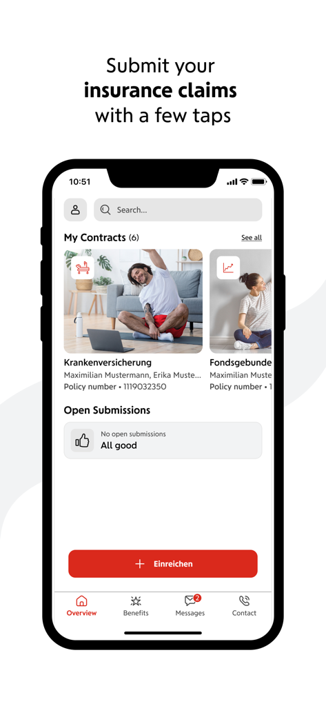 Interfaccia mobile dell'app losleben che mostra una panoramica dei contratti assicurativi e un pulsante di invio