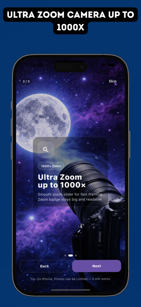 Ultra Zoom 1000x Moon Camera - Onboarding-Bildschirm der Ultra Zoom 1000x Mondkamera App, der ein Feature-Highlight für seine 1000-fache Zoom-Fähigkeit vor einem Weltraumhintergrund zeigt