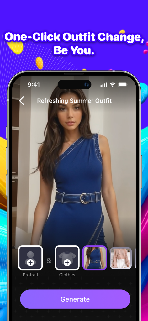 ArtFlow-AI Video Image Maker - ArtFlow app interface showing the AI one-click outfit change feature on a smartphone.