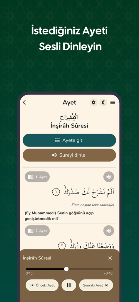 Ayet Online – Kur’an-ı Kerim - Interfaz de la aplicación Ayet Online que muestra la lectura de versículos del Corán y los controles de recitación de audio