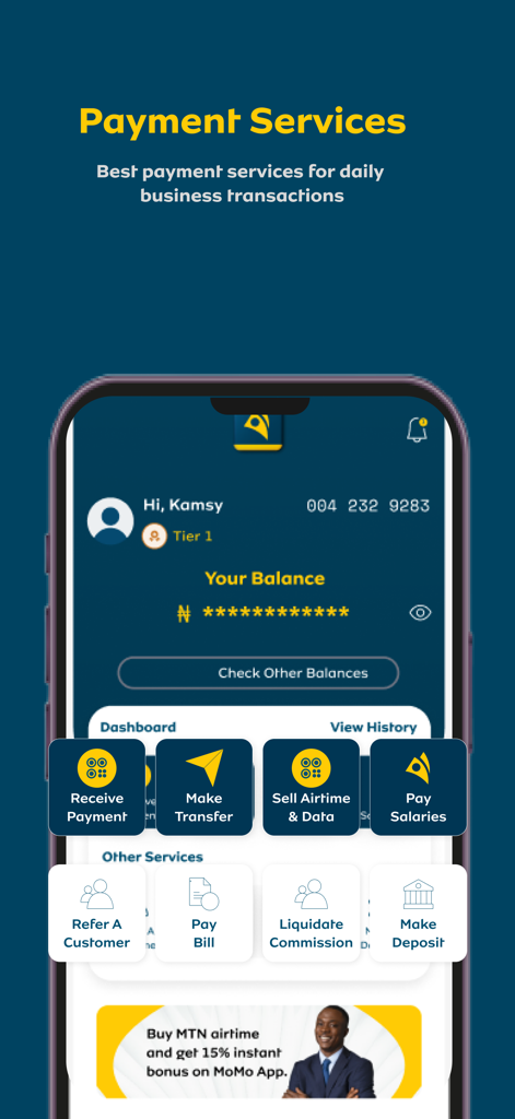 MoMo PSB Business - Interfaz de la aplicación MoMo PSB Business que muestra servicios de pago, incluyendo transferencia, venta de tiempo aire y pagos de salarios.