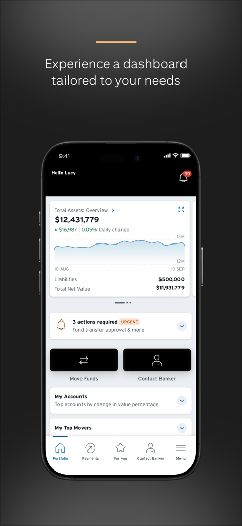 Citi Private Bank In View - Citi Private Bank In View mobile app dashboard showing asset overview and net value for high net worth clients