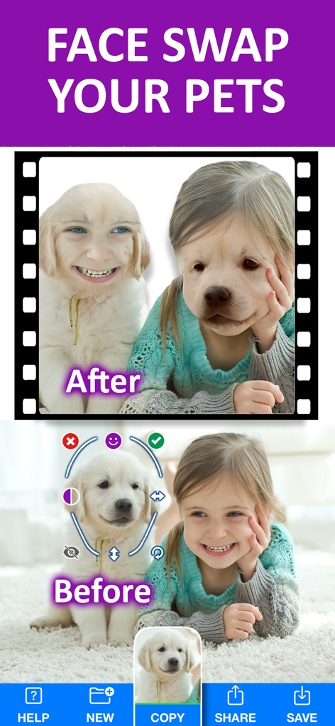 Face Swap Booth Photo Changer - A before and after comparison showing the Face Swap Booth app swapping a young girl's face with her puppy's face.