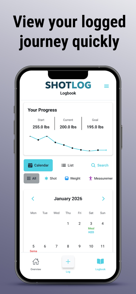 Shotlog app screen showing weight loss progress chart and a calendar for tracking peptide doses and health metrics
