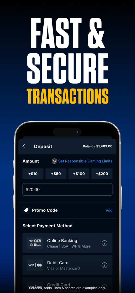 Mobile app interface showing the deposit screen for theScore Bet Sportsbook Casino with secure transaction options.