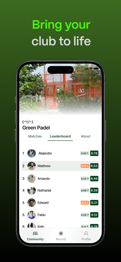 Smartphone displaying the Clutch app leaderboard with player rankings for a racket sports club