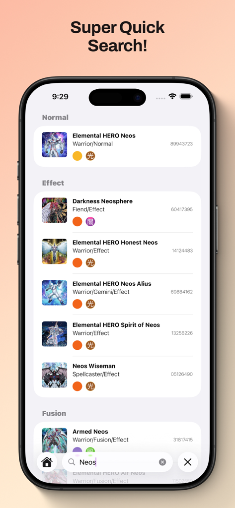 SKC: Yugioh Database - 카드 종류와 세부 정보를 보여주는 SKC 유희왕 데이터베이스 모바일 앱에서 네오스 카드 검색 결과