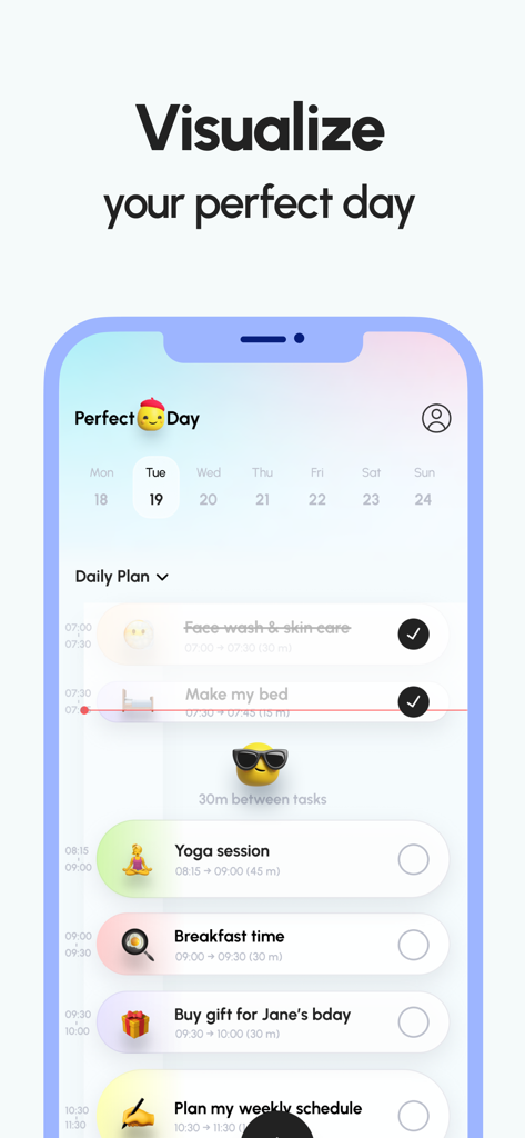 Interface do aplicativo Perfect Day exibindo um plano diário visualizado com hábitos de autocuidado