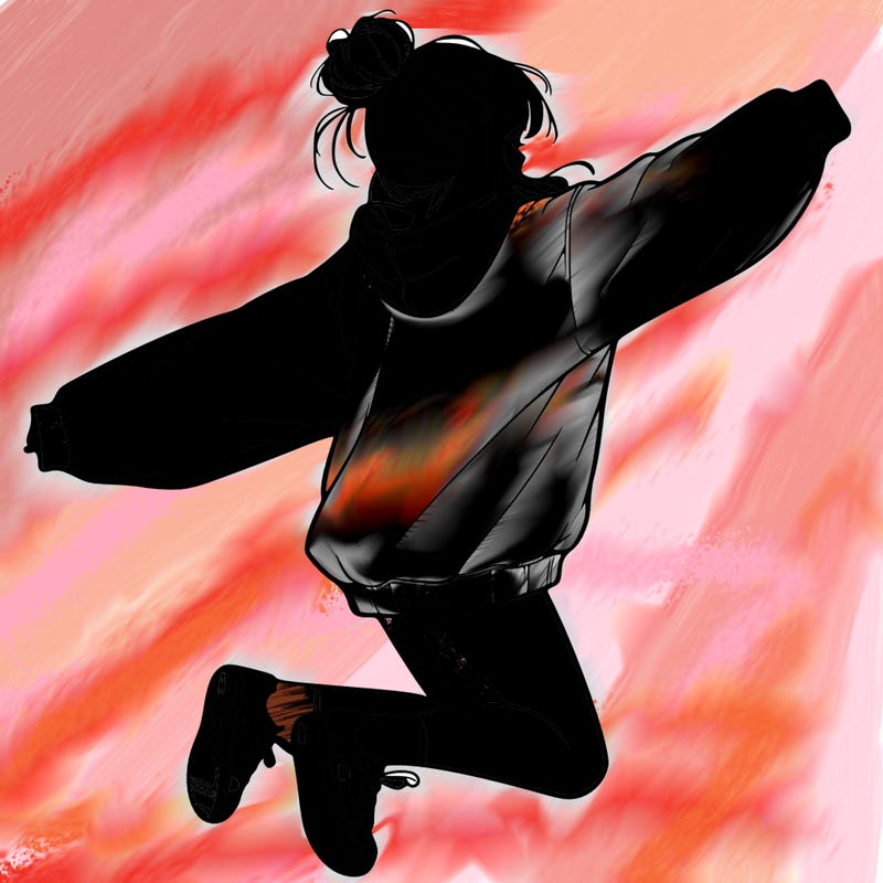 realistic girl jumping with a bun and oversized sweatshirt