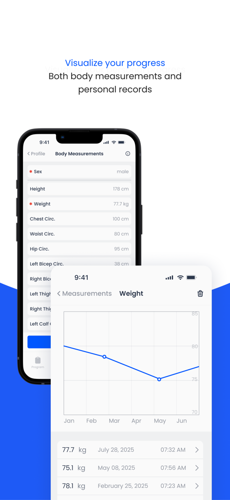 Spot Me - Mobile app screens showing body measurement logs and a weight progress line chart
