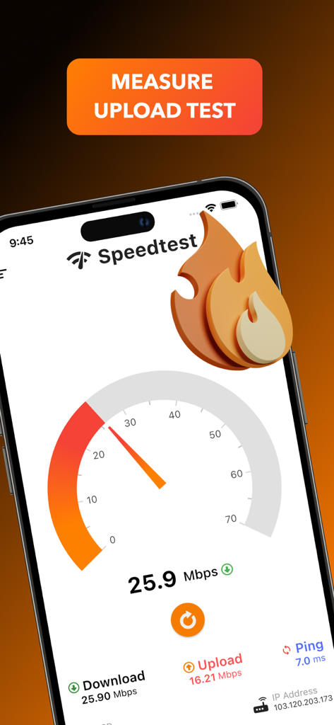 Fast Internet Speed Test Now - Smartphone screen displaying internet speed test results for download upload and ping with a speedometer gauge