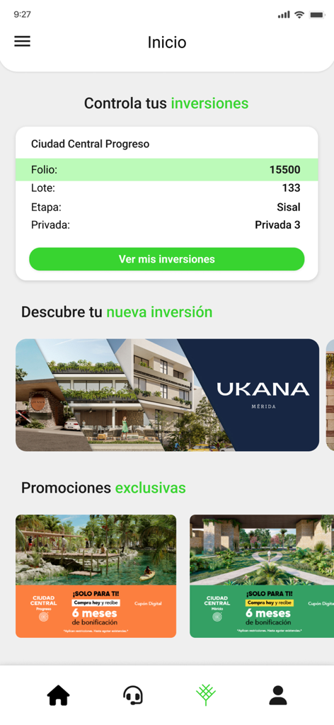 Orve - Pantalla de inicio de la aplicación Orve que muestra un resumen de las inversiones inmobiliarias y las promociones inmobiliarias actuales en México