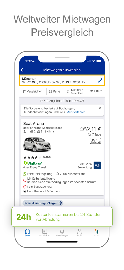 Pantalla de la aplicación CHECK24 mostrando una comparación de alquiler de coches para Múnich con detalles de precios y reservas.