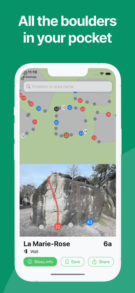 Boolder - Boolder app interface showing a bouldering map and a photo topo of a climbing route in Fontainebleau