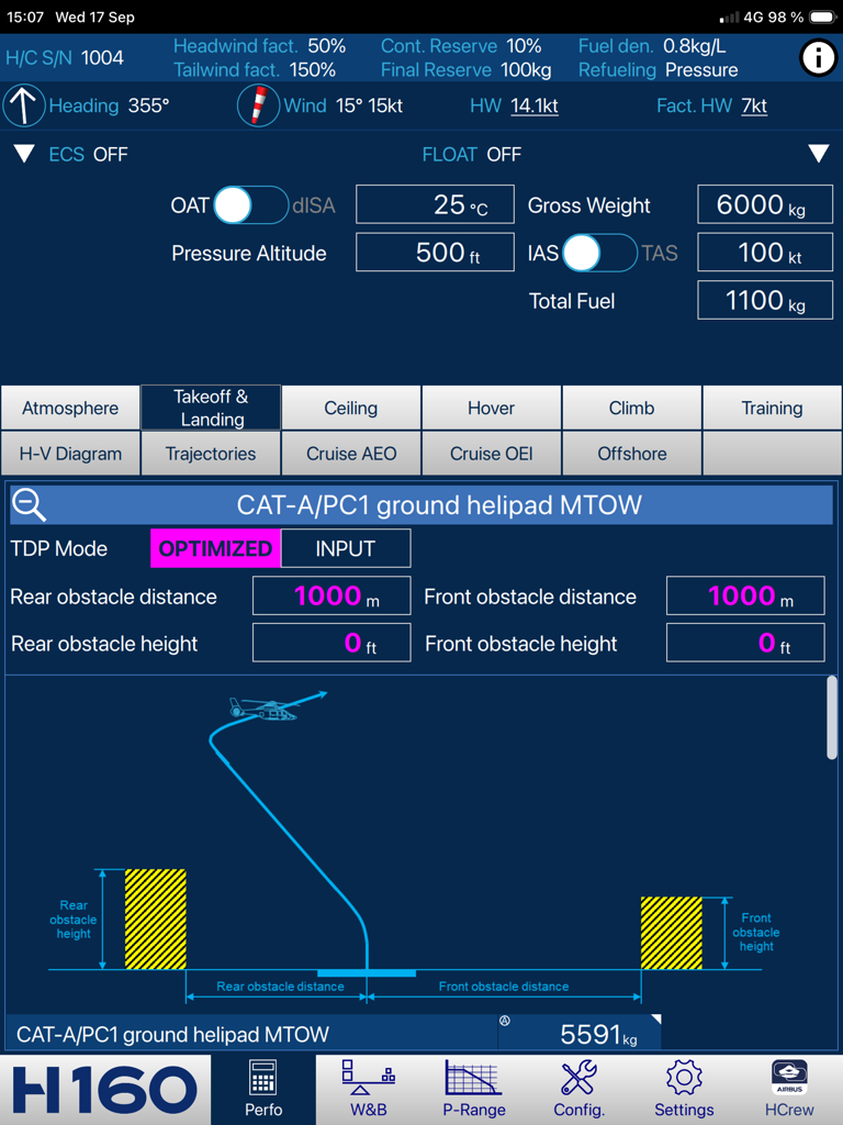 H160 Flight Perfo - H160 Flight Perfo interface showing takeoff trajectory and performance data