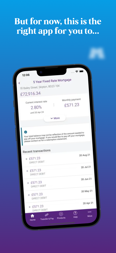 Screenshot of the Skipton Building Society app displaying mortgage balance interest rate and monthly payment history