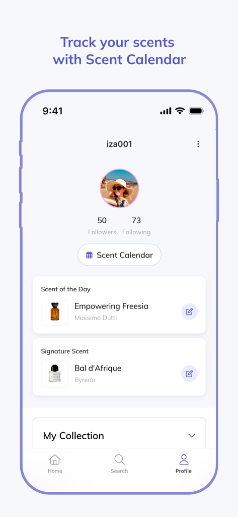 Fragplace - User profile screen in Fragplace app showing scent of the day, signature scent, and scent calendar features.